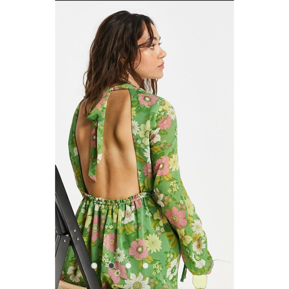TOPSHOP 70'S RETRO FLORAL PRINT CHIFFON MIDI DRESS OPEN BACK LONG SLEEVE SIZE 4 - Picture 2 of 15